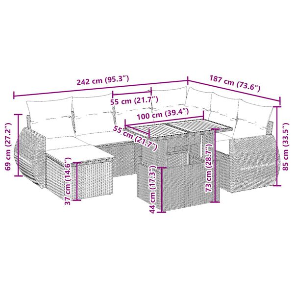 vidaXL 8 pcs conjunto de sof&aacute;s p/ jardim com almofad&otilde;es vime PE bege