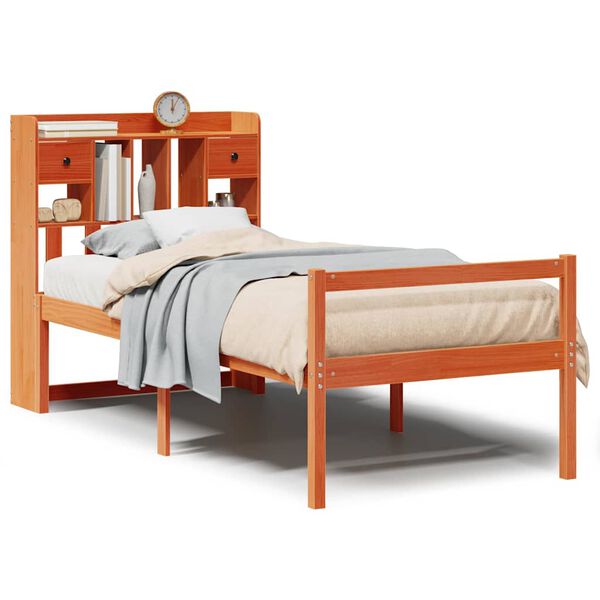 vidaXL Cama com estante sem colch&atilde;o 75x190cm pinho maci&ccedil;o castanho-mel