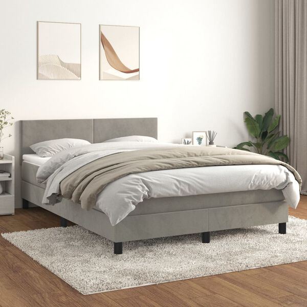 vidaXL Cama com molas/colch&atilde;o 140x190 cm veludo cinzento-claro
