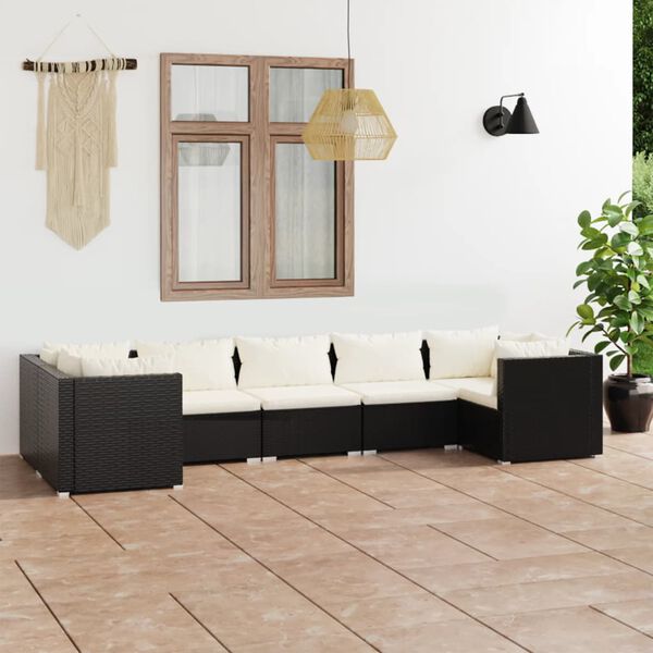 vidaXL 7 pcs conjunto lounge de jardim c/ almofad&otilde;es vime PE preto