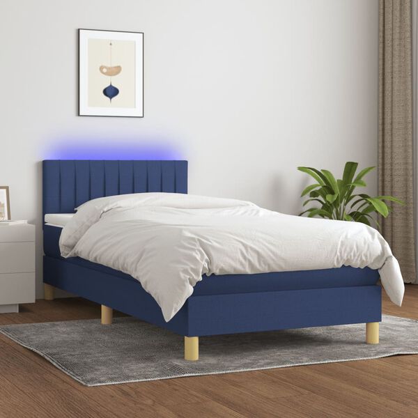 vidaXL Cama box spring c/ colch&atilde;o e LED 90x200 cm tecido azul