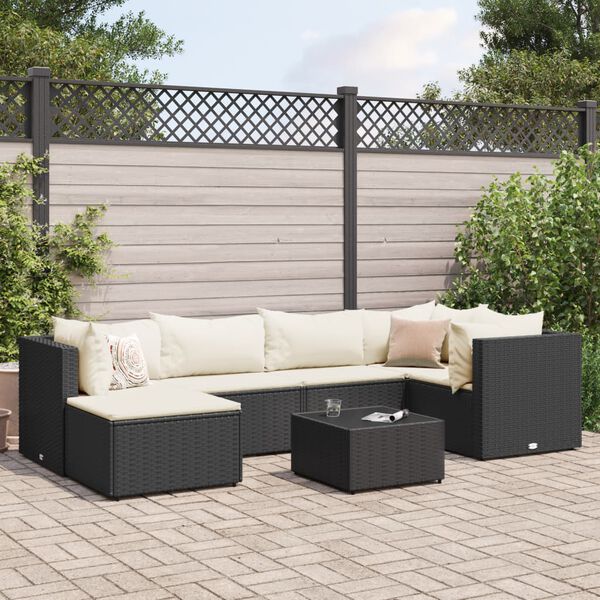 vidaXL 7 pcs conjunto lounge de jardim c/ almofad&otilde;es vime PE preto