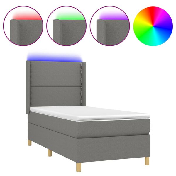 vidaXL Cama box spring c/ colch&atilde;o e LED 90x190 cm tecido cinza-escuro