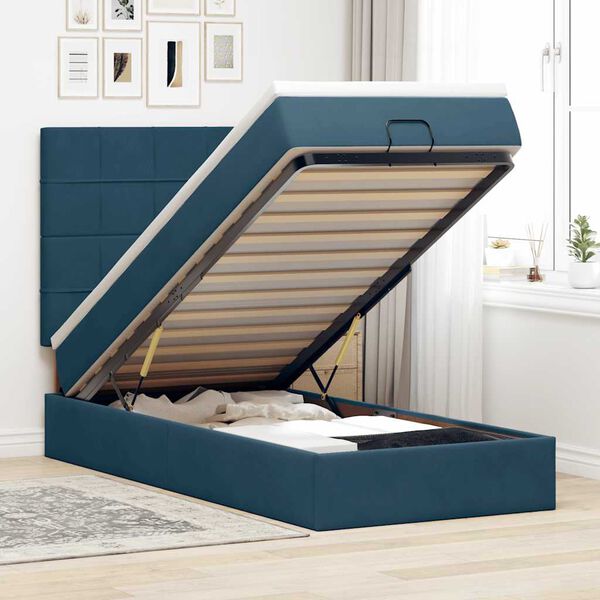vidaXL Estrutura cama otomana com colch&otilde;es azul escuro 90x190cm veludo