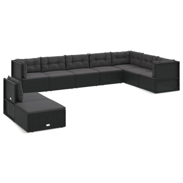 vidaXL 9 pcs conjunto lounge de jardim c/ almofad&otilde;es vime PE preto