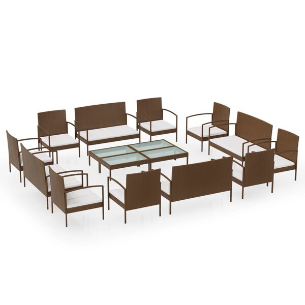 vidaXL 16 pcs conjunto lounge jardim c/ almofad&otilde;es vime PE castanho