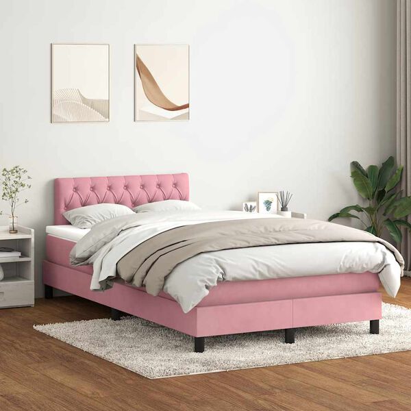 vidaXL Cama box spring c/ colch&atilde;o e LED 120x210 cm veludo Rosa