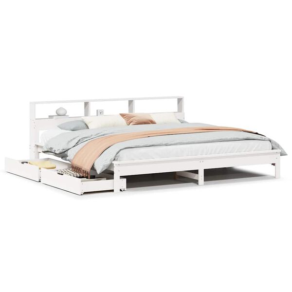 vidaXL Cama com estante sem colch&atilde;o 180x200 cm pinho maci&ccedil;o branco