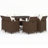 vidaXL 9 pcs conjunto jantar p/ jardim c/ almofad&otilde;es vime PE castanho