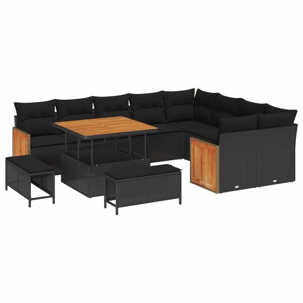 vidaXL Conjunto de Sofá de Jardim com almofada 13 pcs Preto vime PE