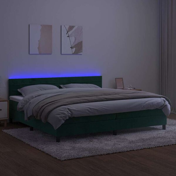 vidaXL Cama box spring c/ colch&atilde;o/LED 200x200 cm veludo verde-escuro