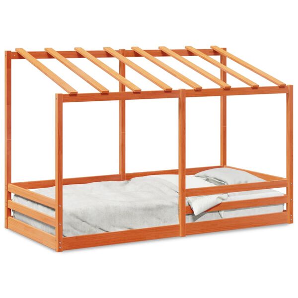 vidaXL Cama infantil com telhado 90x200 cm pinho maci&ccedil;o castanho-mel