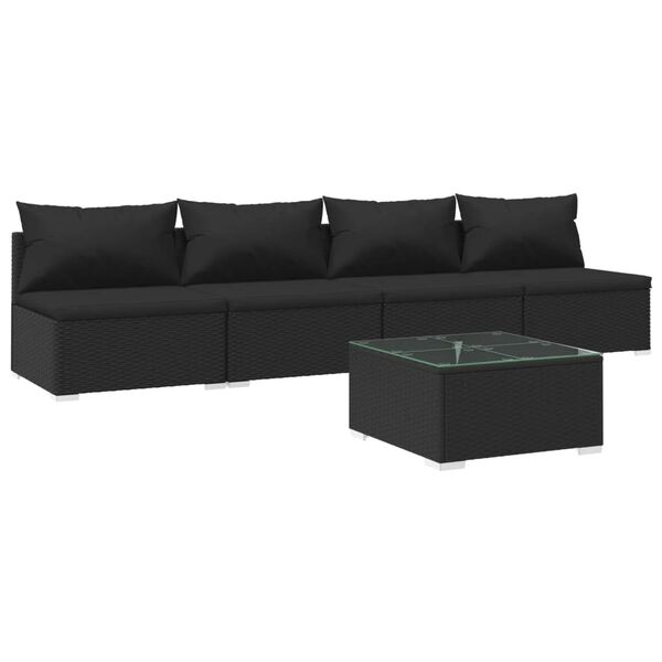vidaXL 5 pcs conjunto lounge de jardim c/ almofadões vime PE preto