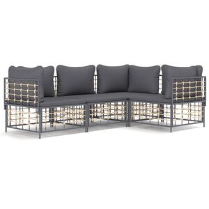 vidaXL 4 pcs conjunto lounge de jardim c/ almofad&otilde;es vime PE antracite