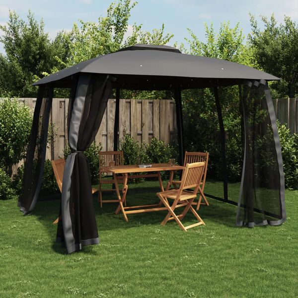 vidaXL Gazebo c/ teto duplo/paredes de malha 2,93x2,93 m a&ccedil;o antracite