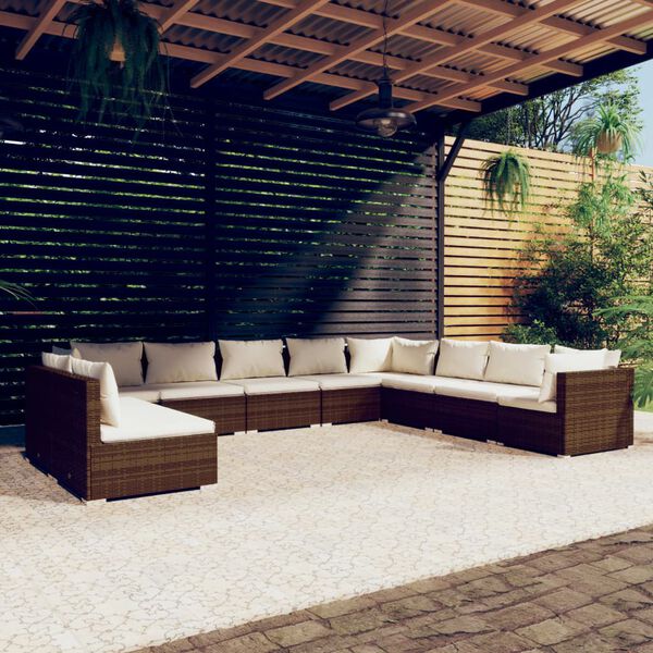 vidaXL 10 pcs conjunto lounge jardim c/ almofad&otilde;es vime PE castanho