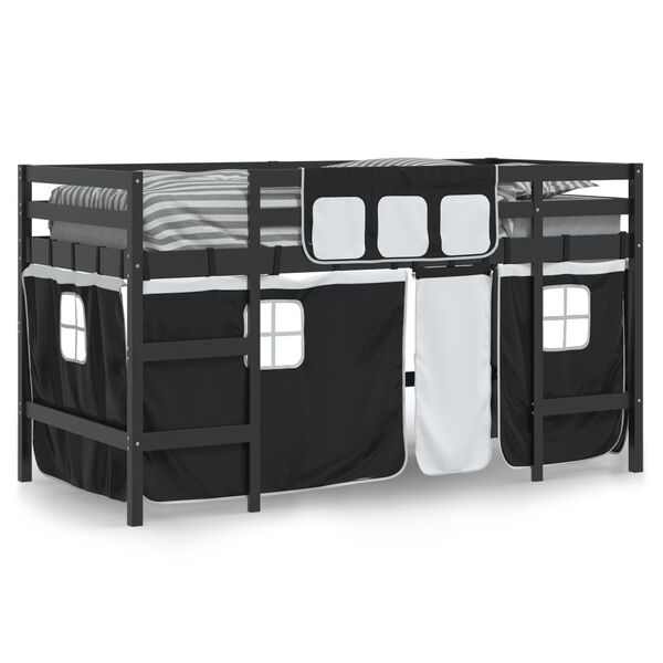 vidaXL Cama alta crian&ccedil;a c/ cortina 90x190 pinho maci&ccedil;o branco/preto