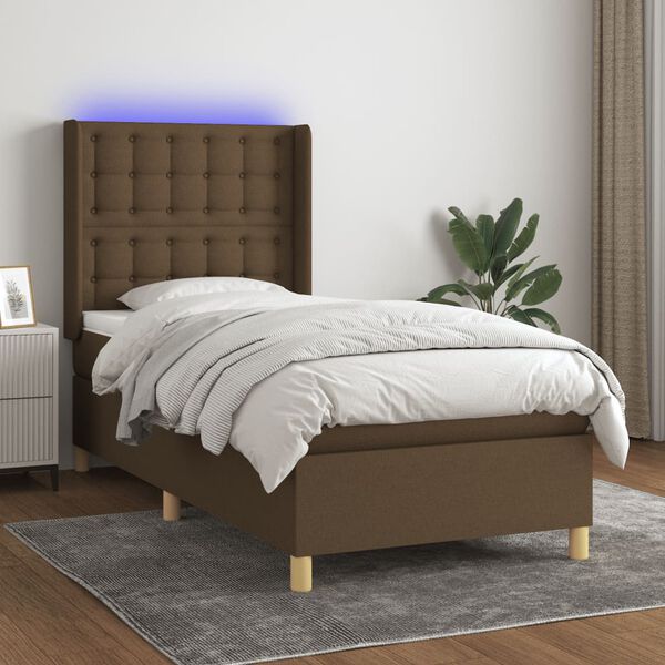 vidaXL Cama box spring c/ colch&atilde;o/LED 90x190 cm tecido castanho-escuro