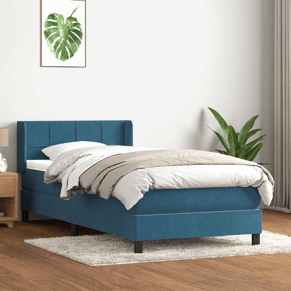 vidaXL Cama com molas/colch&atilde;o 100x210 cm veludo azul-escuro