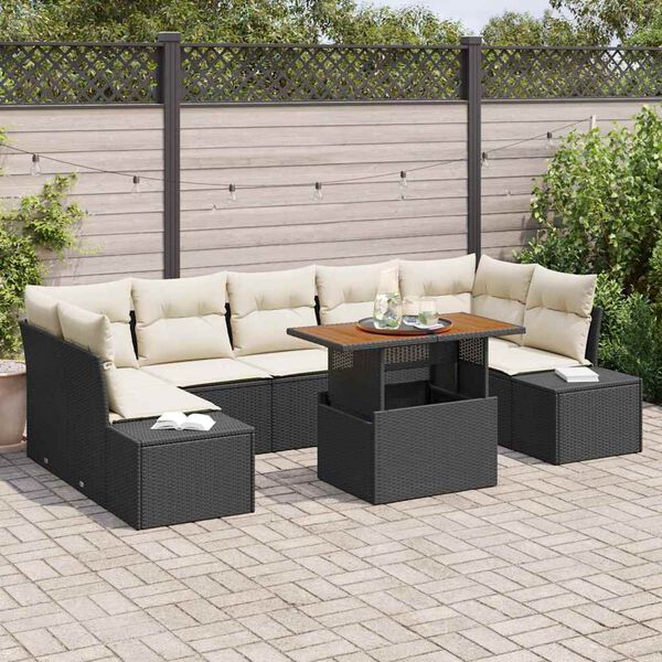 vidaXL Conjunto de Jantar para Jardim com almofada 8 pcs Preto e Creme