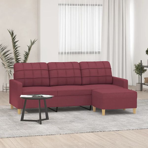 vidaXL Sofá de 3 lugares com apoio de pés 180 cm tecido vermelho tinto