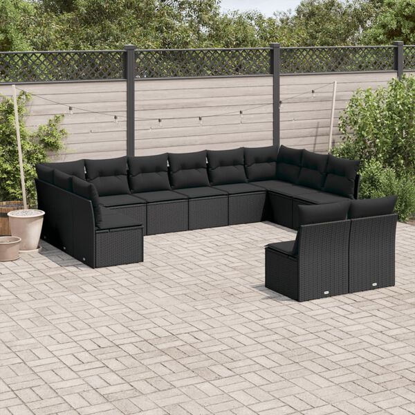 vidaXL 12 pcs conjunto de sof&aacute;s de jardim c/ almofad&otilde;es vime PE preto