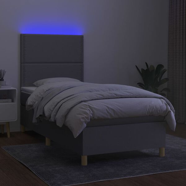 vidaXL Cama box spring c/ colch&atilde;o e LED 90x190 cm tecido cinza-claro