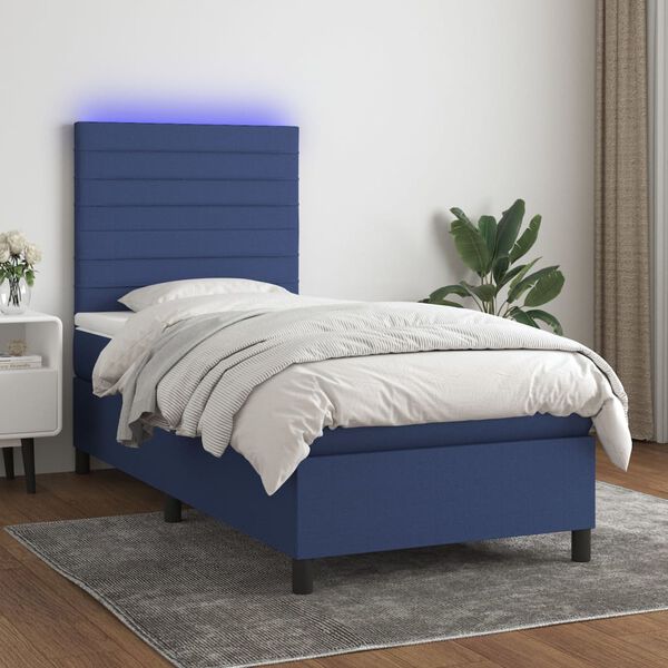 vidaXL Cama box spring c/ colch&atilde;o e LED 90x190 cm tecido azul