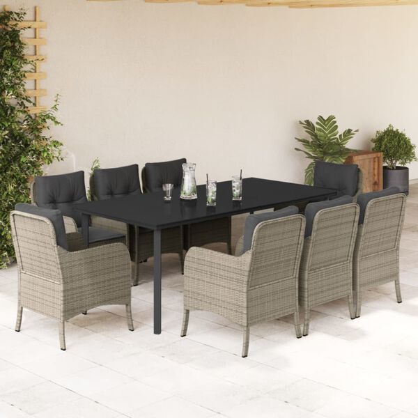 vidaXL 9 pcs conjunto de jantar p/ jardim c/ almofad&otilde;es cinzento claro