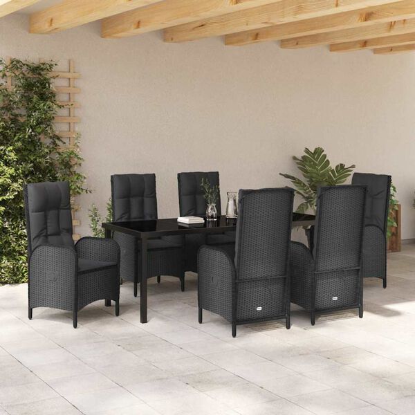 vidaXL Conjunto de Jantar para Jardim com almofada 7 pcs Preto vime PE