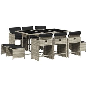 vidaXL 11 pcs conjunto jantar p/ jardim c/ almofad&otilde;es vime PE cinzento