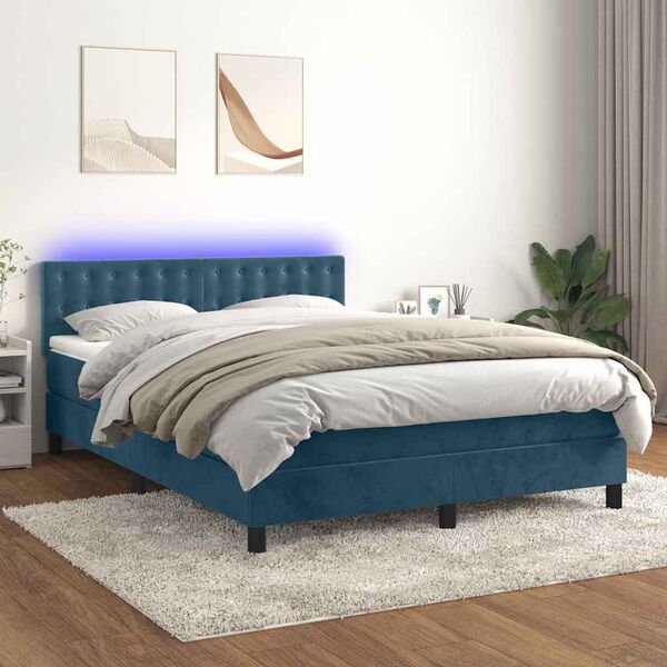 vidaXL Cama box spring c/ colch&atilde;o/LED 140x200 cm veludo azul-escuro