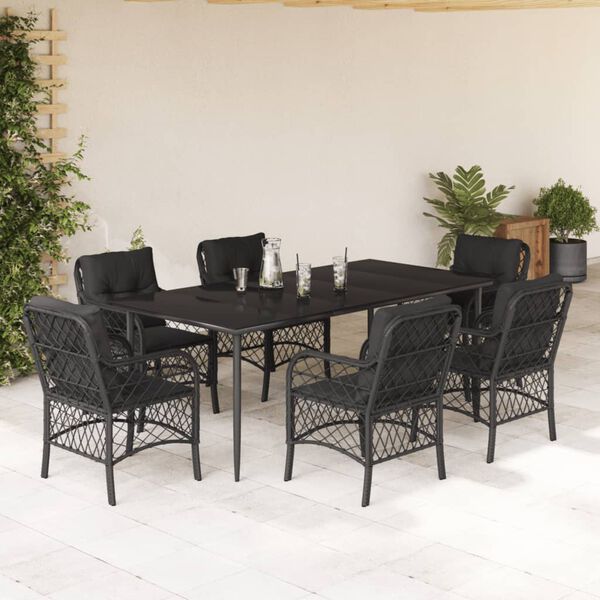 vidaXL 7 pcs conjunto de jantar p/ jardim c/ almofad&otilde;es vime PE preto