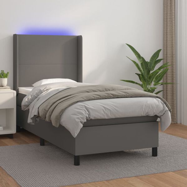 vidaXL Cama box spring c/ colch&atilde;o/LED 90x200 cm couro artificial cinza
