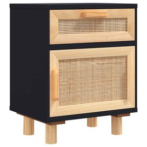 vidaXL Mesa de cabeceira pinho maci&ccedil;o e vime natural preto