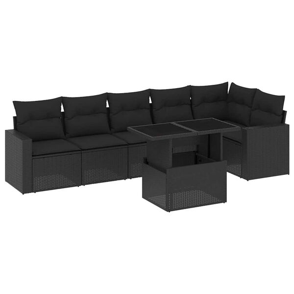 vidaXL 7 pcs conjunto de sof&aacute;s p/ jardim c/ almofad&otilde;es vime PE preto