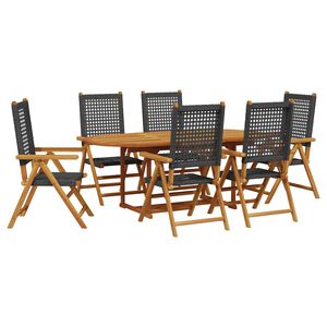 vidaXL 7 pcs conjunto de jantar p/ jardim vime PE/madeira maci&ccedil;a preto