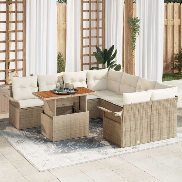 vidaXL Conjunto de Sof&aacute; de Jardim 9 pcs Bege Rattan Sint&eacute;tico