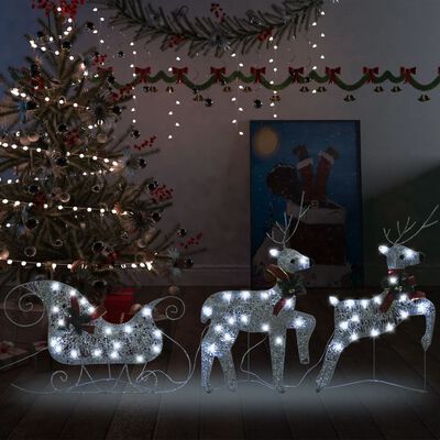 vidaXL Decoração de Natal renas/trenó exterior 60 luzes LED prateado