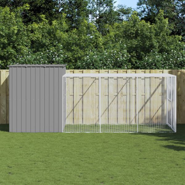 vidaXL Casota c&atilde;es c/ parque 214x457x181 cm a&ccedil;o galvaniz. cinza-claro