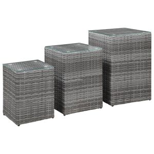 vidaXL Mesas de apoio com tampo de vidro 3 pcs vime PE cinzento