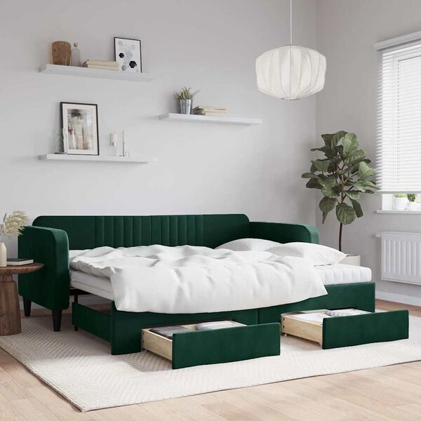 vidaXL Sof&aacute;-cama c/ gavet&atilde;o e gavetas 90x200 cm veludo verde-escuro