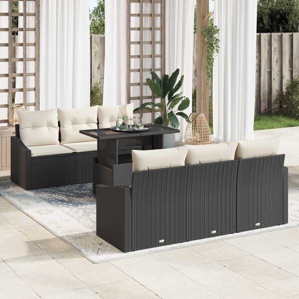 vidaXL Conjunto de Sof&aacute; de Jardim 7 pcs Preto e creme 100 x 55 x 73 cm