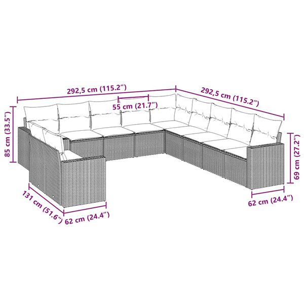 vidaXL 11 pcs conjunto sof&aacute;s de jardim c/ almofad&otilde;es vime PE preto