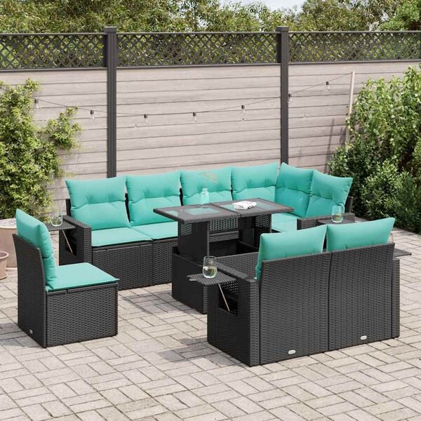 vidaXL 9 pcs conjunto sof&aacute;s p/ jardim almofad&otilde;es vime PE/ac&aacute;cia preto