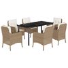 vidaXL 7 pcs conjunto de jantar p/ jardim com almofad&otilde;es vime PE bege