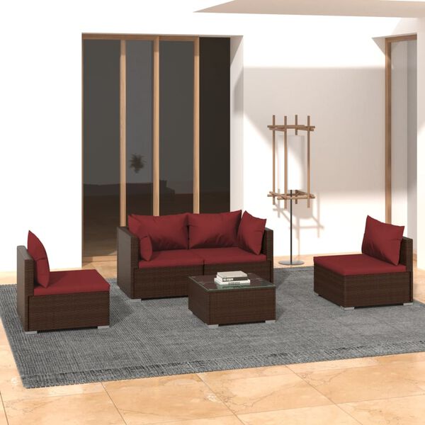 vidaXL 5 pcs conjunto lounge jardim c/ almofad&otilde;es vime PE castanho
