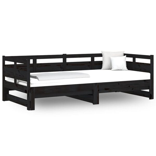 vidaXL Estrutura sof&aacute;-cama de puxar pinho maci&ccedil;o preto 2x(90x190) cm