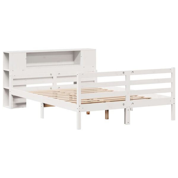 vidaXL Cama com estante sem colchão 135x190 cm pinho maciço branco