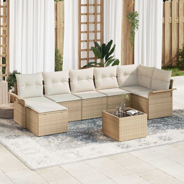 vidaXL Conjunto de Sof&aacute; de Jardim 8 pcs Bege Rattan Sint&eacute;tico